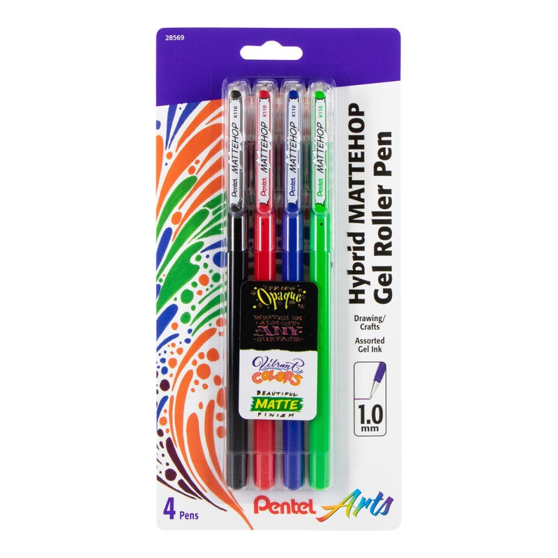 بنتل أسطوانة جل Pentel Arts Hybrid MATTEHOP، 1.0 مم، أسود مطفي، أحمر مطفي، أزرق مطفي، أخضر مطفي، عبوة من 4 أقلام (K110VBP4M) - Image 1
